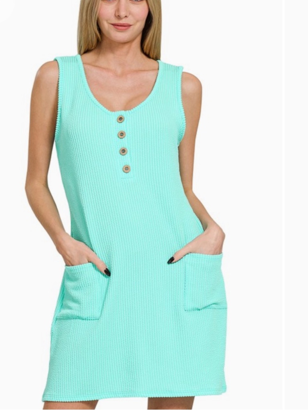 CORDED RIB SLEEVELESS TANK MINI DRESS WITH POCKETS